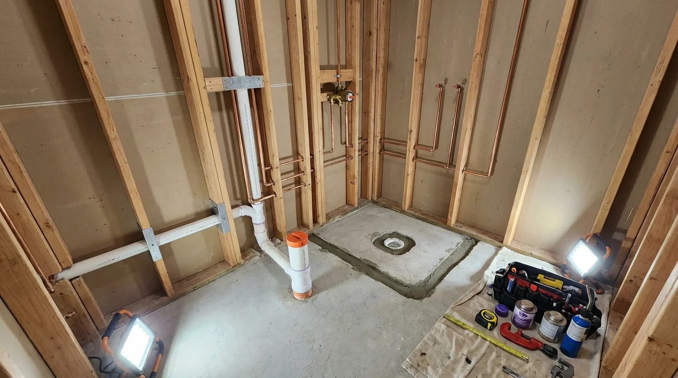 Bathroom rough-in plumbing during remodel by Johns Plumbing LLC in Redby