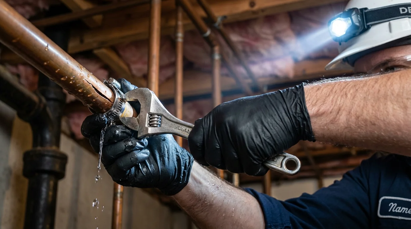 Emergency pipe clamp repair being performed by a Johns Plumbing LLC plumber in Redby