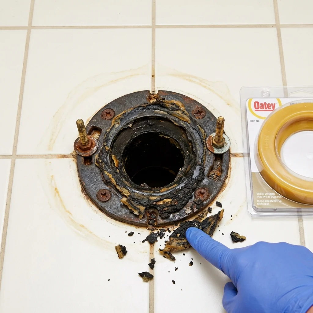Failed wax ring showing water seepage at the base of a toilet in a Redby, MN home